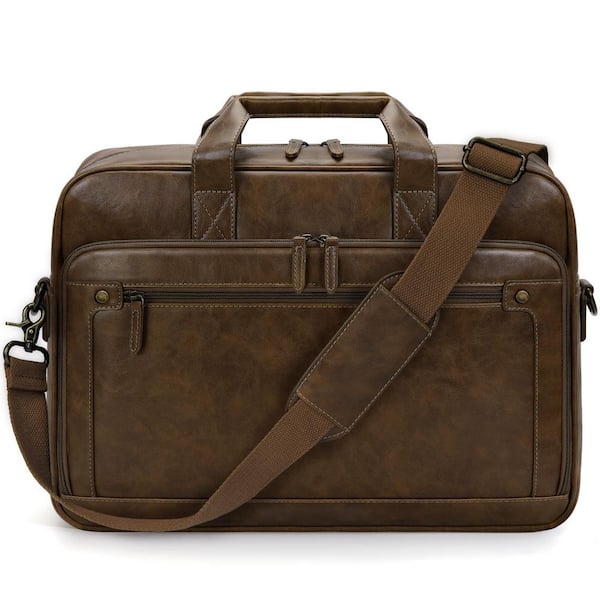 Vintage Brown PU Leather Laptop Briefcase, Waterproof, Convertible Shoulder Bag with 16 in. Laptop Compartment