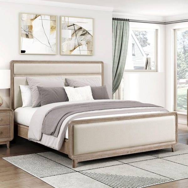 Emily Beige+Natural Wood Frame Queen Size Platform Bed with Chenille Upholstered Headboard