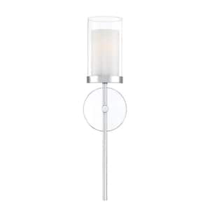 5 in. W x 20 in. H 1-Light Chrome Wall Sconce with Outer White Opal Etched Glass and Inner Clear Glass Shades