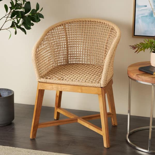 Light Brown Handmade Woven Rounded Plastic Rattan Accent Chair with Teak Frame