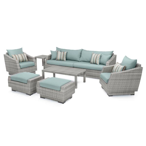 RST Brands Cannes 8-Piece All-Weather Wicker Patio Sofa and Club Chair Seating Group with Bliss Blue Cushions