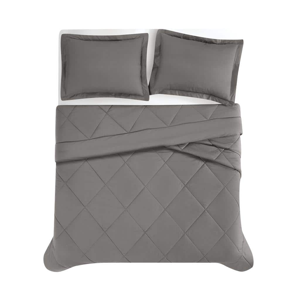 Gray Cotton Percale King Comforter Set with Down Alternative Fill
