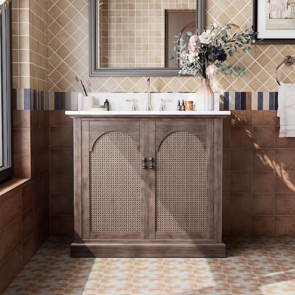 JEAREY 36 in. Brown Single Sink Freestanding Bathroom Vanity with White Marble Stone Top (Assembled)