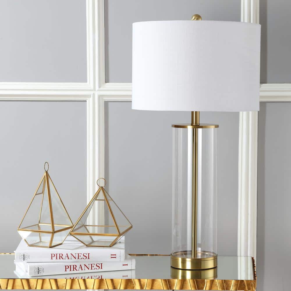 Collins 29" Clear Glass and Brass Table Lamp with White Drum Shade