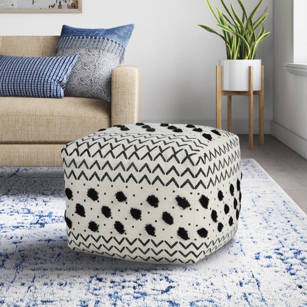 White and Black Geometric Tufted Cotton Square Pouf Ottoman
