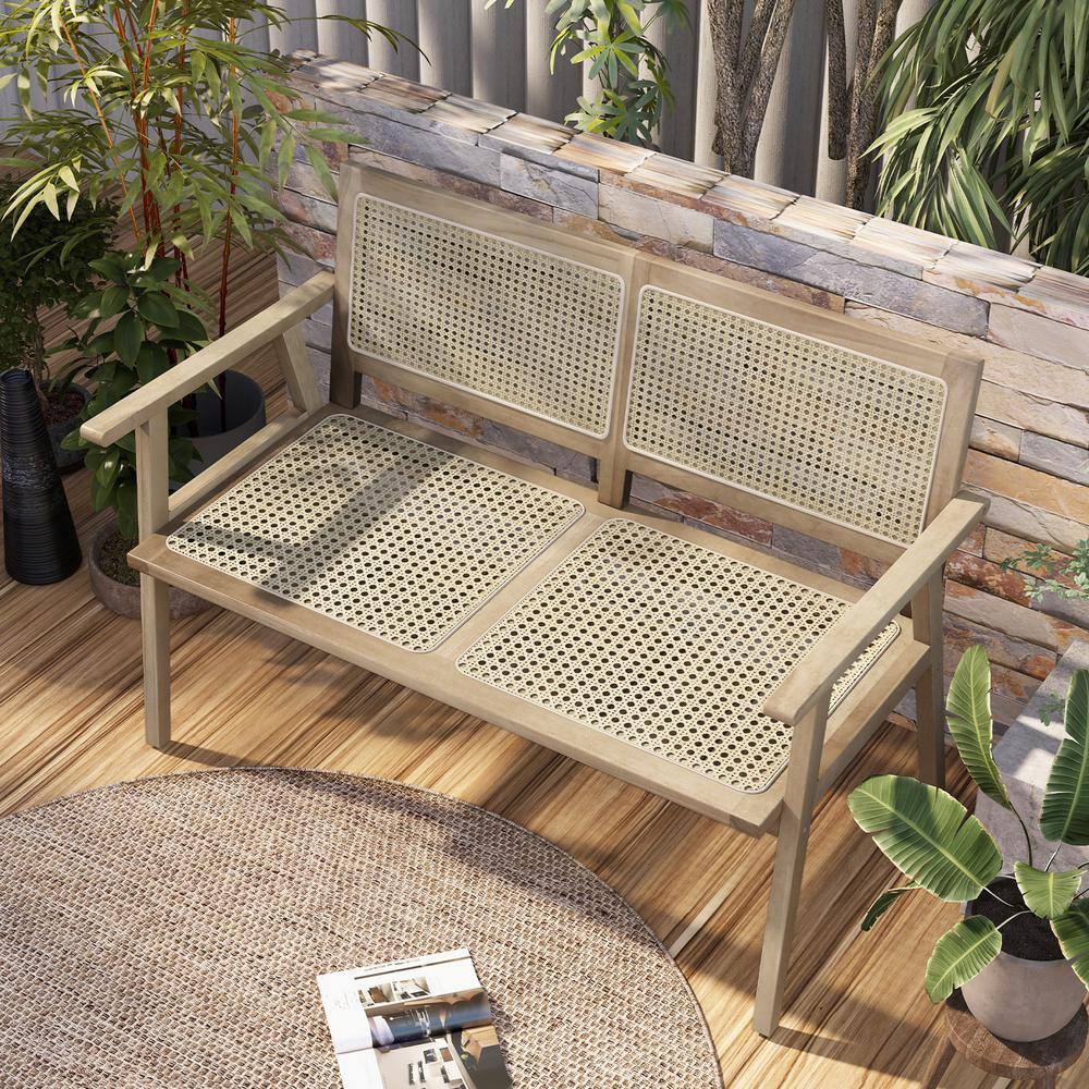 Teak Wood and Natural Rattan Outdoor Bench with Armrests