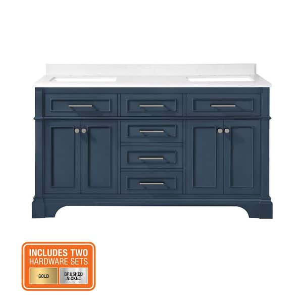 Melpark 60 in. Double Sink Grayish Blue Bath Vanity with White Engineered Marble Top (Assembled)