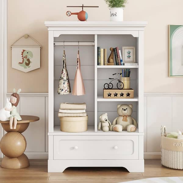 White Wood 31.5 in. Kids Armoires with Drawer Children's Wardrobe with Hanging Rod and Shelves Low Dress-up Storage