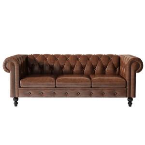 83.46 in. Classic Rolled Arm Faux Leather PU Tufted Straight Sofa in Brown