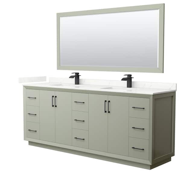 Wyndham Collection Strada 84 in. W x 22 in. D x 35 in. H Double Bath Vanity in Light Green with Giotto Quartz Top and 70 in. Mirror