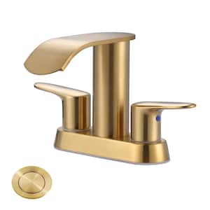 4 in. Centerset 2-Handle Mid Arc Bathroom Waterfall Faucet with Drain Kit Included in Stainless Steel Brushed Gold