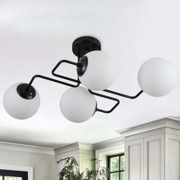 26.8 in. 4-Light Black Modern Sputnik Semi-Flush Mount With White Globe Glass Shade and No Bulbs Included,LED Compatible