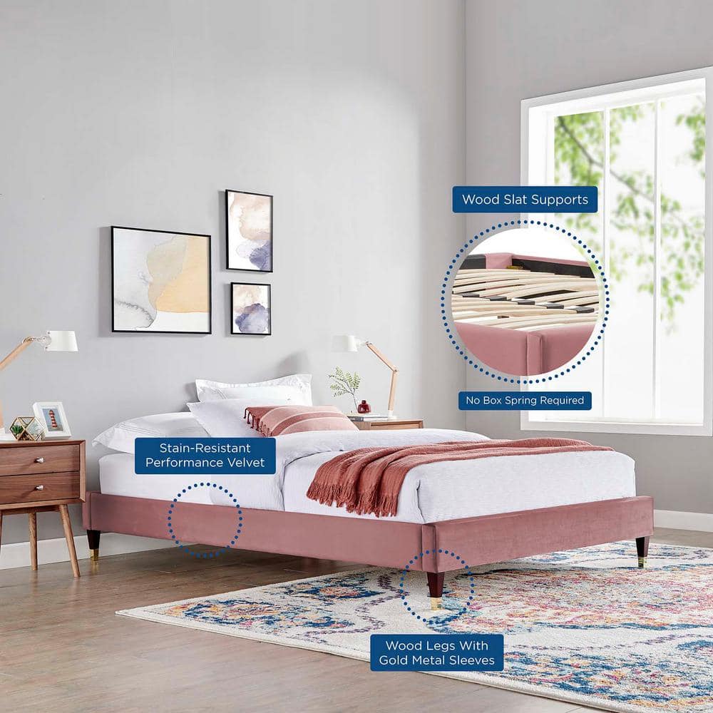 Dusty Rose Velvet Full Platform Bed Frame with Gold Accents