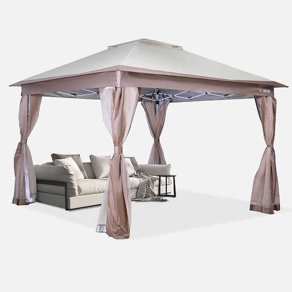 Unbranded 12 ft. x 12 ft. khaki Pop Up Gazebo with Mosquito Netting
