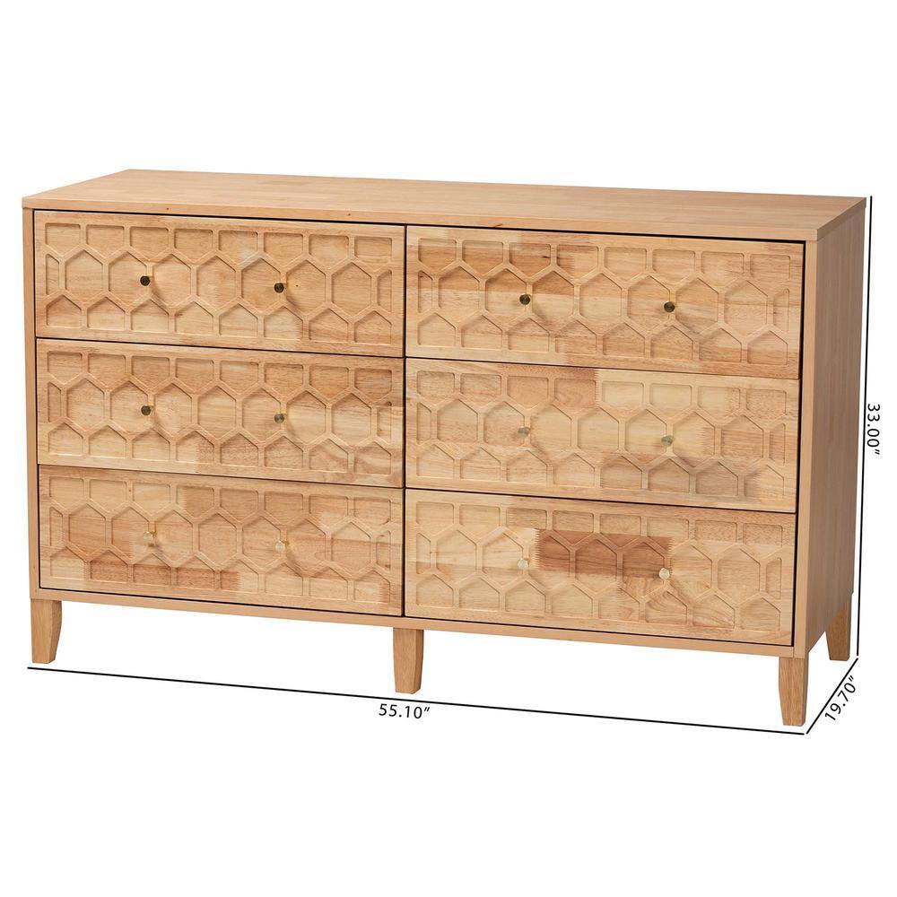 Natural Rubberwood 6-Drawer Honeycomb Dresser with Cone Legs