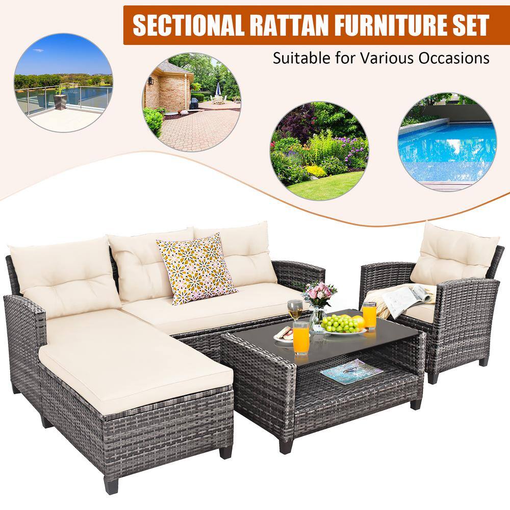 A collage of images showing the sectional furniture set in various outdoor settings.