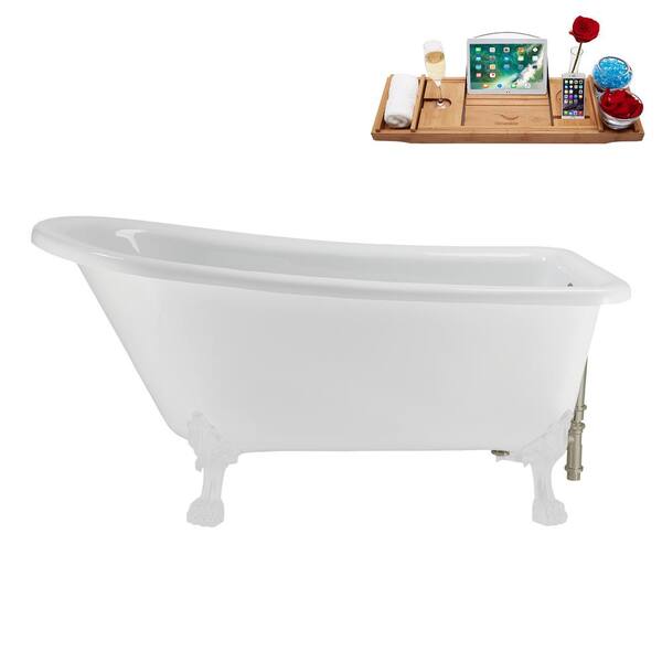Streamline 58 in. x 28 in. Acrylic Clawfoot Soaking Bathtub in Glossy White with Brushed Nickel Drain, Glossy White Clawfeet