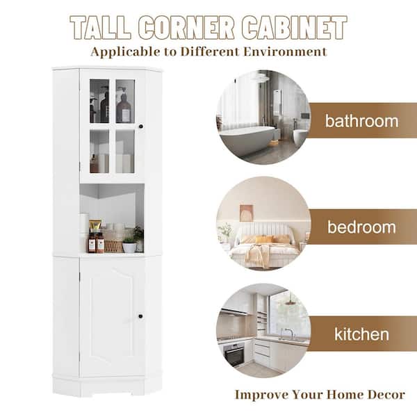23.2 in. W x 15.9 in. D x 65 in. H in White MDF Boards Bathroom Storage Cabinet with Glass Door