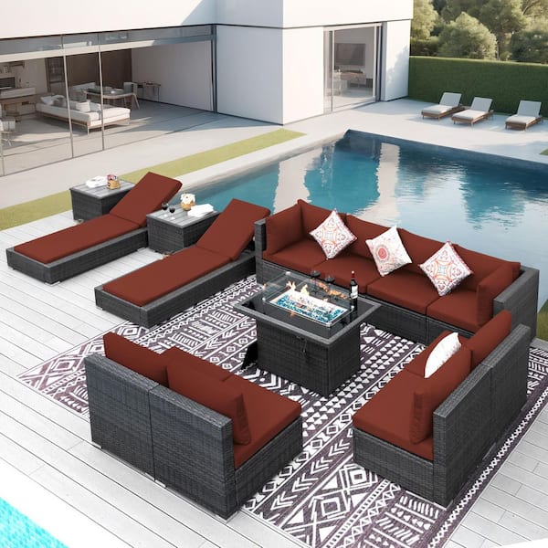 FINCATI 13-Piece Wicker Outdoor Furniture Patio Fire Pit Set Sectional Deep Seating Conversation Set with Chaise Lounge, Red