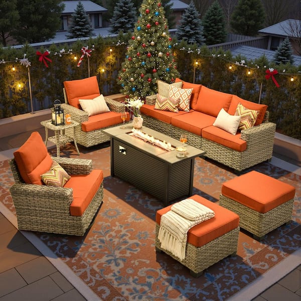 Toject Torino Gray 9-Piece Wicker Outdoor Patio Conversation Deep Sofa Seating Set with Metal Fire Pit and Orange Red Cushions