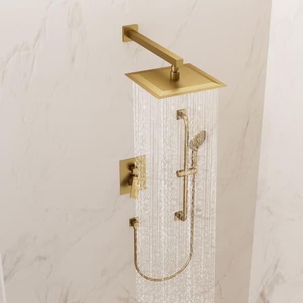 2-Spray Wall-Mounted Rain Shower System with 10 in. Shower Head, Handheld Shower, Valve in Brushed Gold