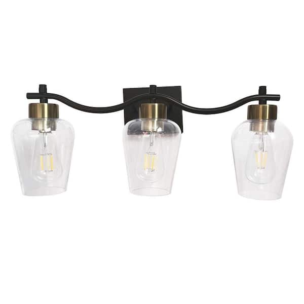 23.23 in. 3-Light Black Vanity Light with Seeded Glass Shade