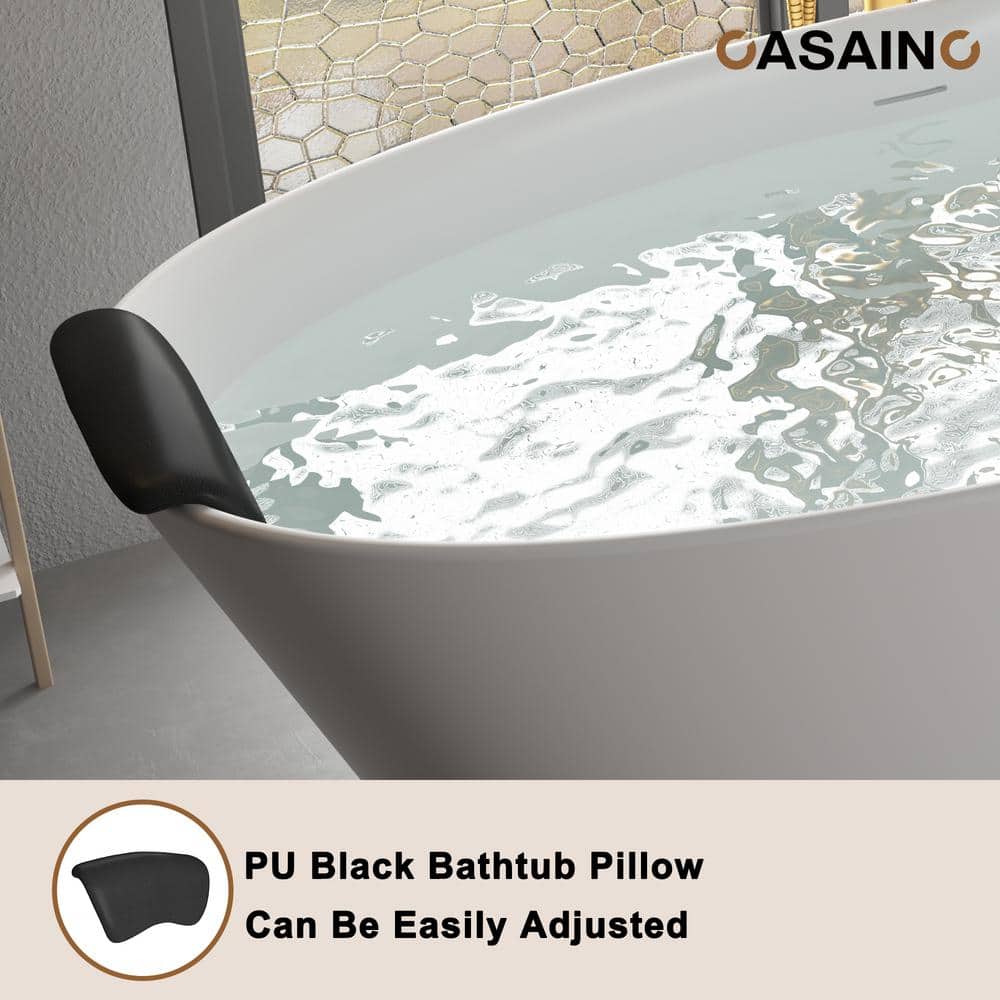 67" Matte White Freestanding Solid Surface Resin Bathtub with Black Pillow