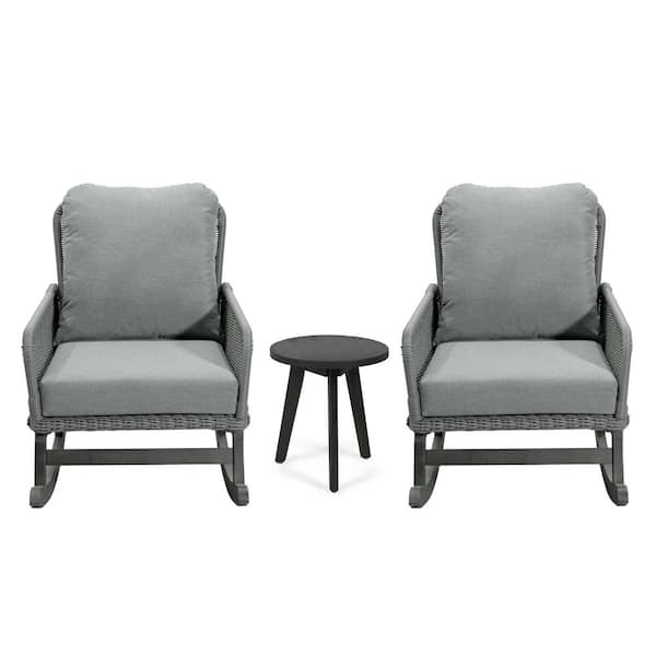 Tenleaf 3-Piece Wood Rocking Outdoor Bistro Set with Gray Cushions