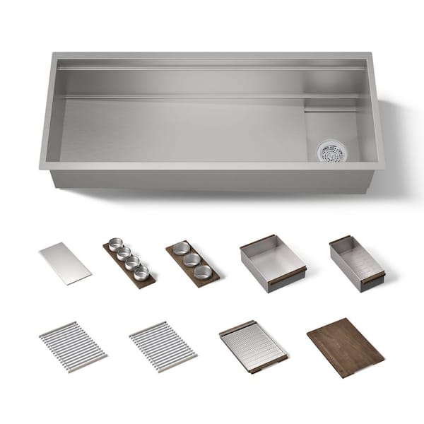 Synthos 45.75 in Undermount Single Bowl Stainless Steel Workstation Kitchen Sink with Walnut Accessory Bundles