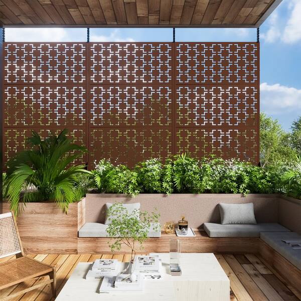Dovelina 76 in. x 47.2 in. Laser Cut Metal Rust Outdoor Privacy Screen Quadra Patern