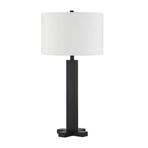 27 in. White Mid-Century Integrated LED Bedside Table Lamp with White Fabric Shade