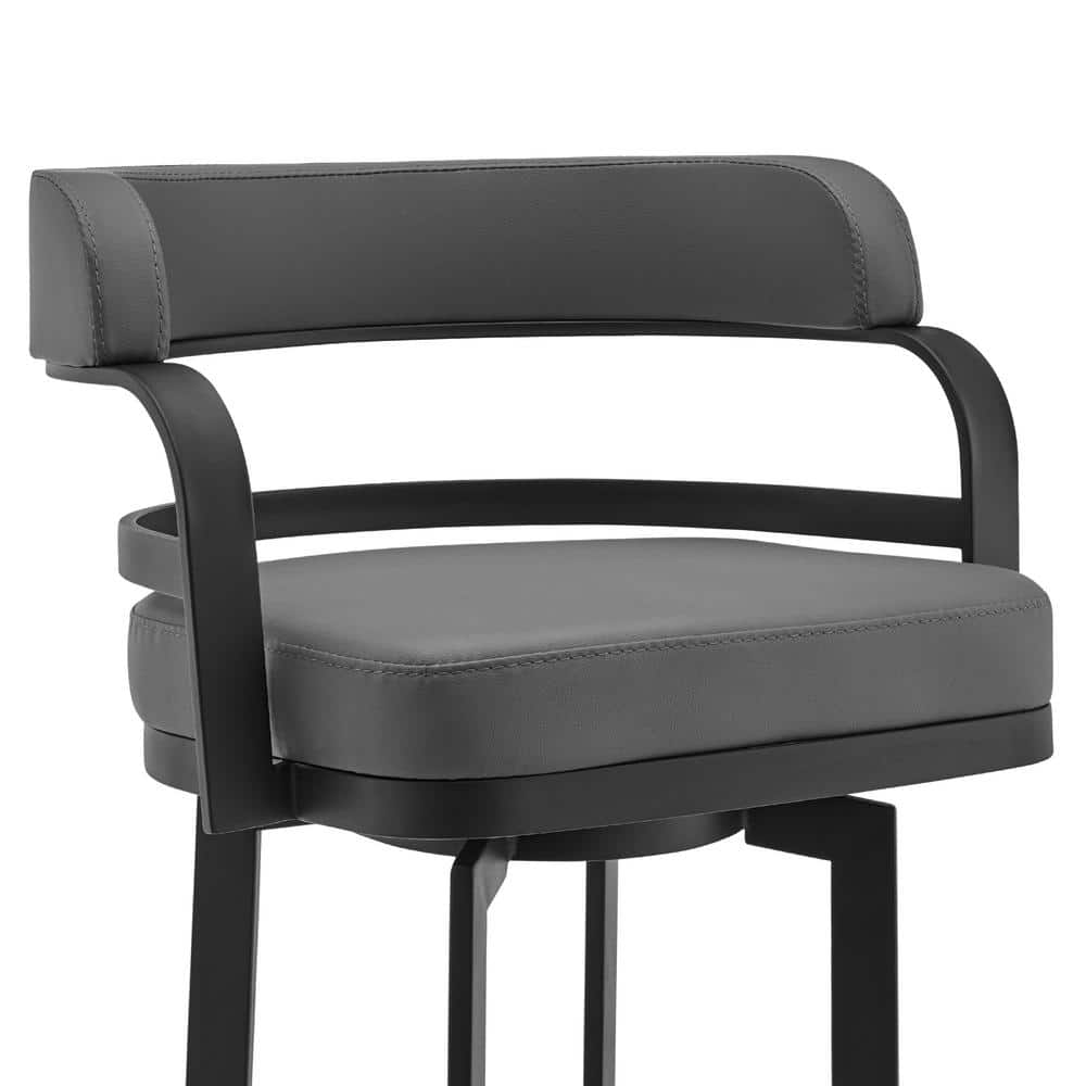 Gray Faux Leather and Black Metal Swivel Bar Stool