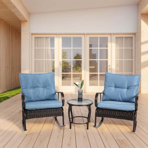 Unbranded 3-Piece Metal Outdoor Serving Bar Set with Cushion, Front Porch Rocker Chairs Rocking Conversation Set with Table, Blue