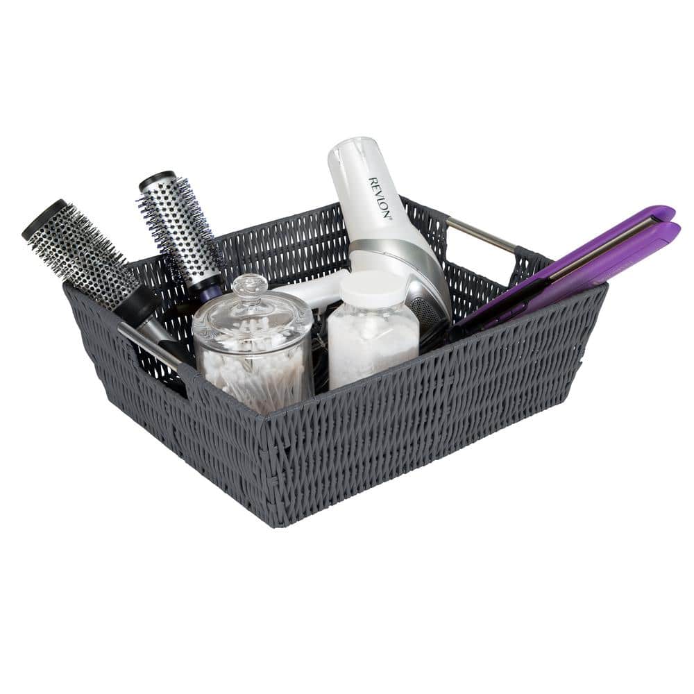 Charcoal Gray Rectangular Rattan Storage Basket with Metal Handles