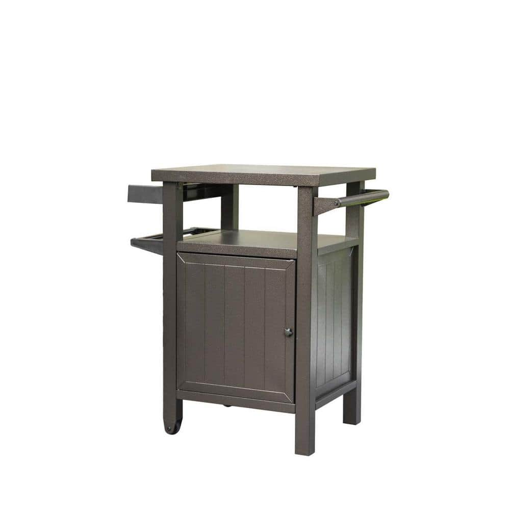 Grill Carts Outdoor with Storage and Wheels, Whole Metal Portable Table and Storage Cabinet for BBQ, Deck in Brown