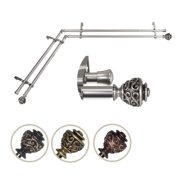 EMOH 13/16" Dia Adjustable Corner Window Double Curtain Rod 28 to 48" (each side) in Satin Nickel with Diana Finials