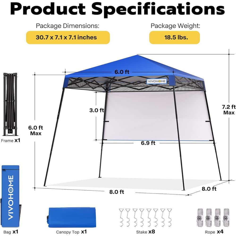 8 ft Blue Steel Adjustable Height Pop-Up Canopy Tent