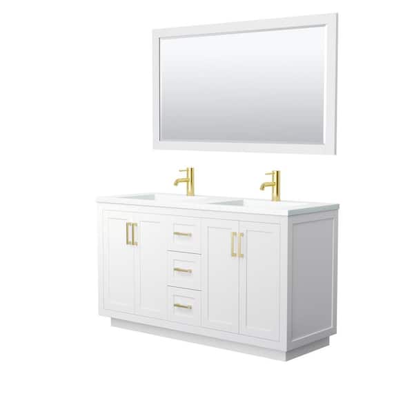 Wyndham Collection Miranda 60 in. W Double Bath Vanity in White with Solid Surface Vanity Top in White with White Basins and Mirror