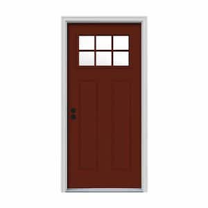 34 in. x 80 in. 6 Lite Craftsman Mesa Red Painted Steel Prehung Right-Hand Inswing Front Door w/Brickmould