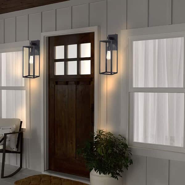 Martin 21 in. 1-Light Matte Black Hardwired Outdoor Wall Lantern Sconce with Dusk to Dawn (2-Pack）