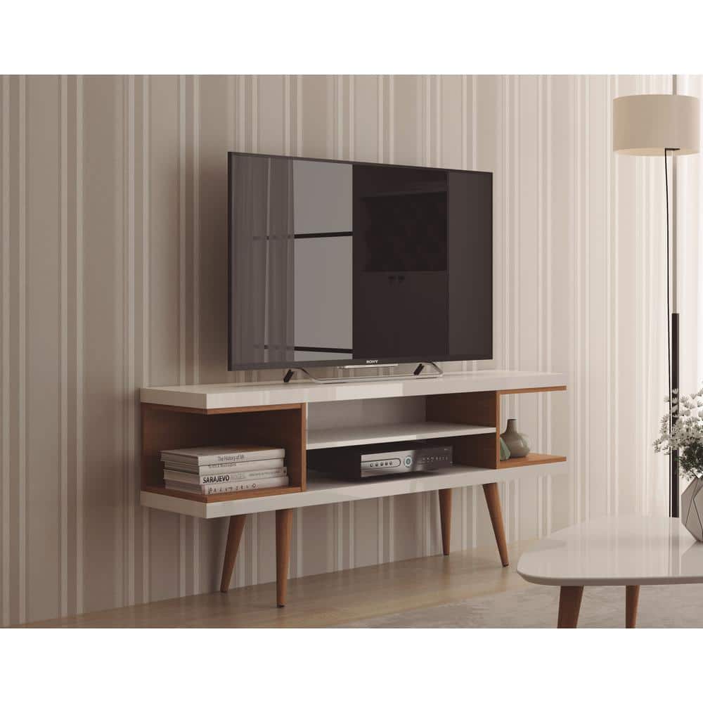 White Gloss and Maple Cream Mid-Century Modern TV Stand