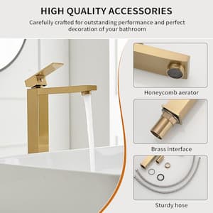 Single Hole Single Handle Bathroom Vessel Sink Faucet With Supply Hose in Brushed Gold