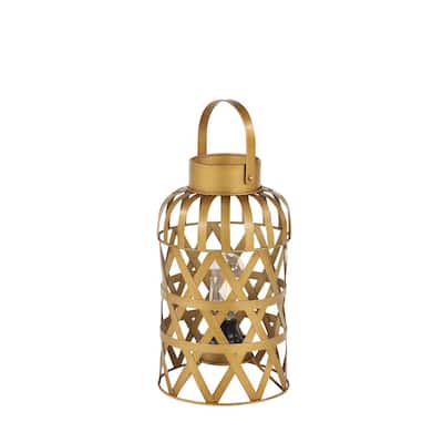 Large Metallic Gold Woven Metal Lantern with LED Battery Operated Light Bulb and Metal Handle