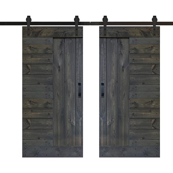ISLIFE L Series 72 in. x 84 in. Carbon Gray Finished Solid Wood Double Sliding Barn Door with Hardware Kit - Assembly Needed