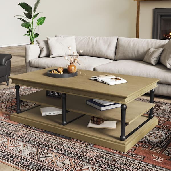 Selms Modern 55.1 in. Rectangle MDF Wood Coffee Table with Open Storage Shelves, Brown Plus Black