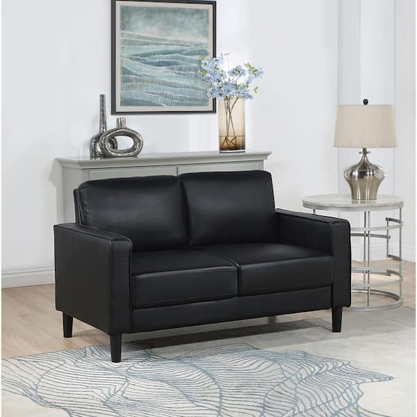 Ruth 54.25 in. Black Faux Leather Upholstered 2 Seats Track Arm Loveseat