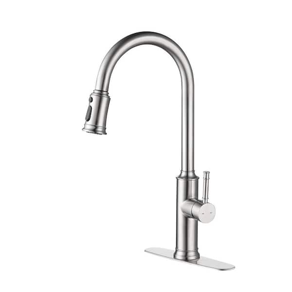 Single Lever 19.68 in. Brushed Nickel Pull Out Kitchen Faucet 3-Mode Sprayer 360° Swivel High Arc Anti-Rust