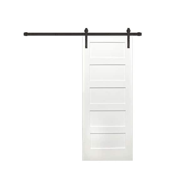 Pacific Entries 32 in. x 80 in. Shaker 5-Panel Primed Pine Interior Sliding Barn Door with Oil Rubbed Bronze Hardware Kit