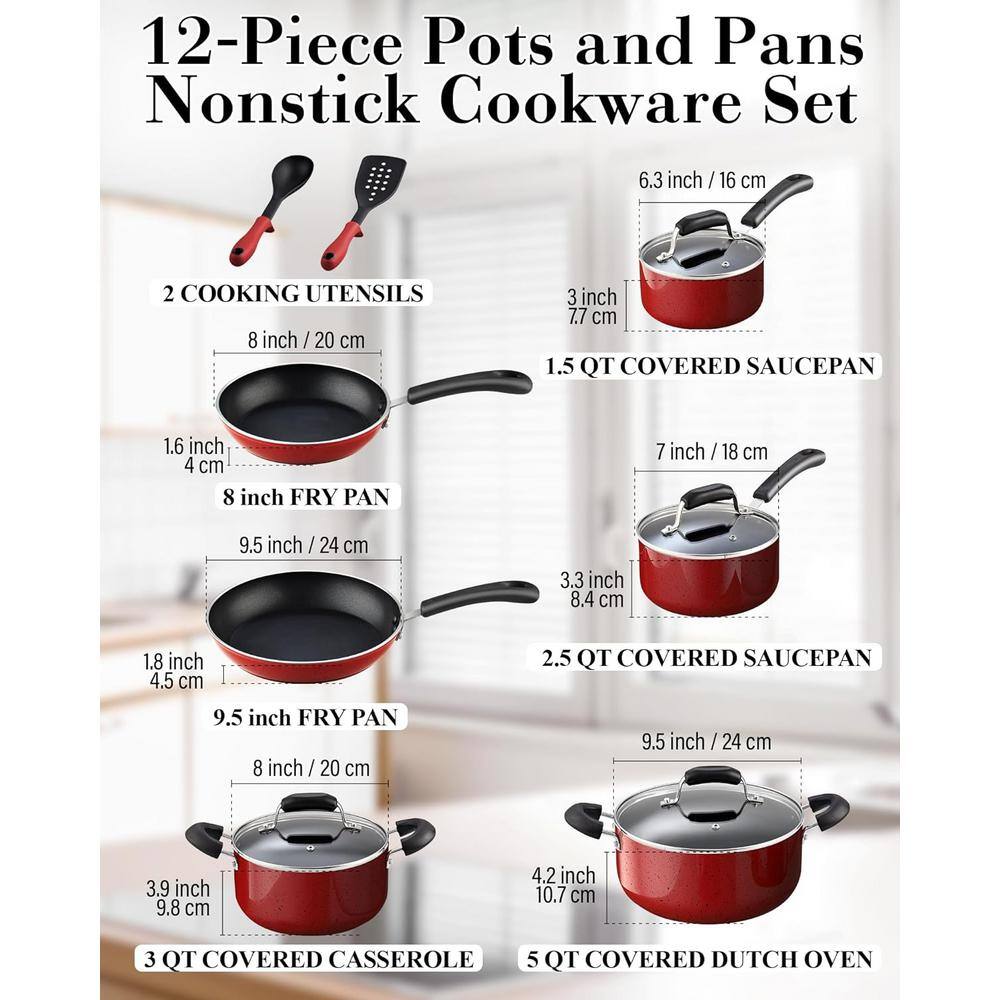 12-Piece Red Marble Nonstick Aluminum Cookware Set