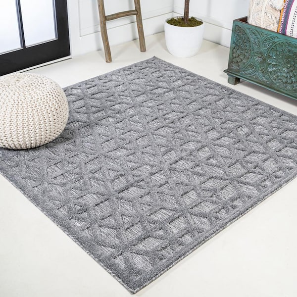 Talaia Neutral Geometric Dark Gray 5 ft. Square Indoor/Outdoor Area Rug